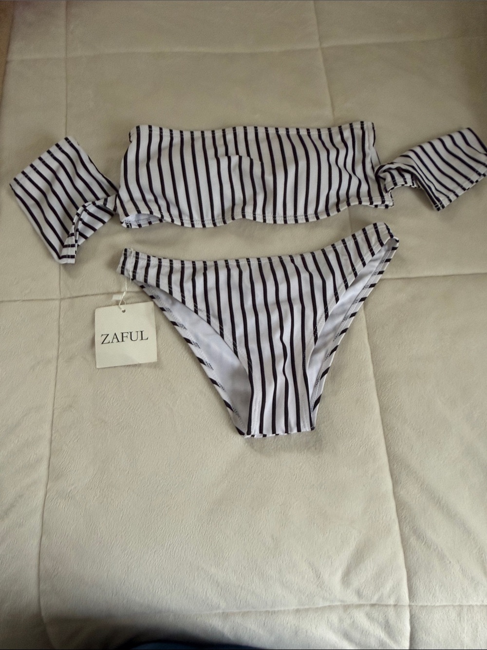 Zaful White and Black Striped Off-Shoulder Bikini Set